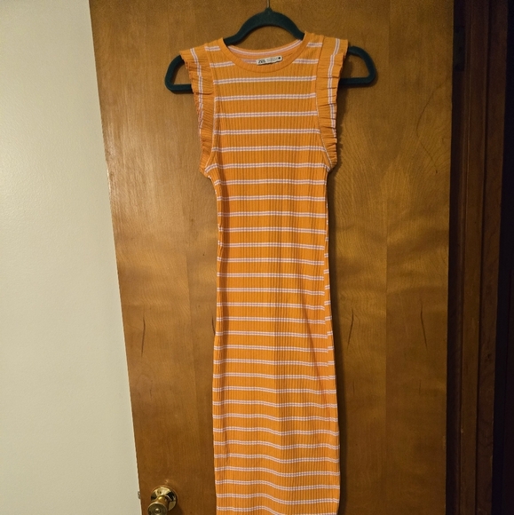 Zara Orange & White Striped Sleeveless Ribbed Maxi Dress Size S - Picture 1 of 4